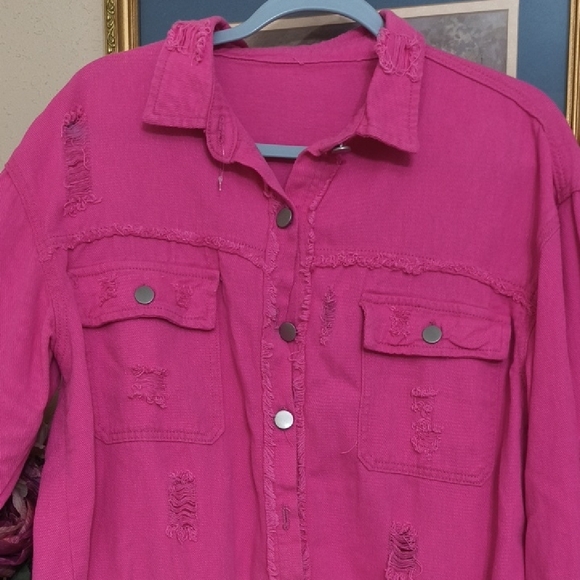 Pink Distressed Button-Up Shirt jacket Shacket Distressed Glam Pretty Y2k - Picture 3 of 10